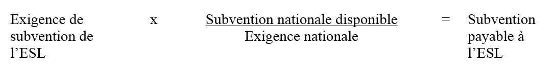 La subvention payable à l’ESL est égale au produit de l’exigence de subvention de l’ESL et de la subvention nationale disponible, cette dernière étant divisée par l’exigence nationale.